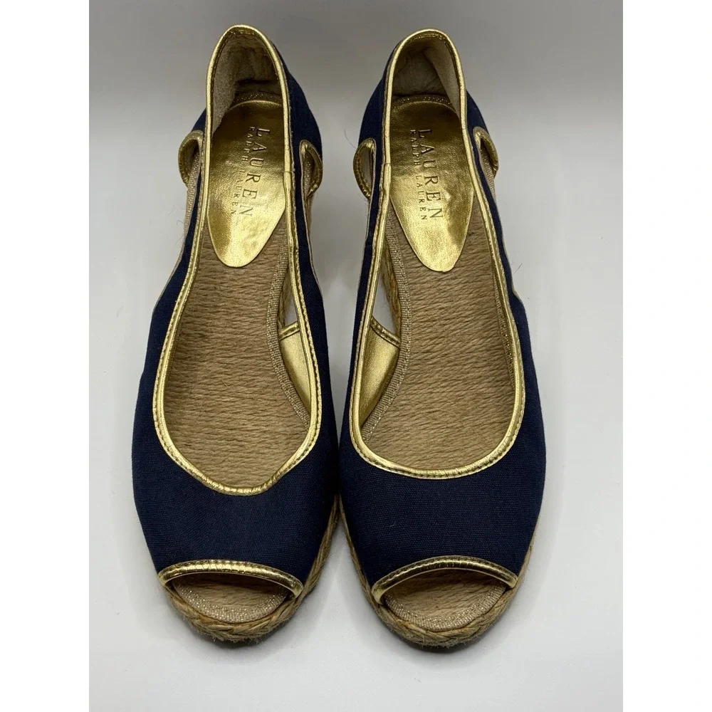 Rare Ralph Lauren Claudia Shoe Canvas Wedge Sandals Coastal Chic Womens Size 8B